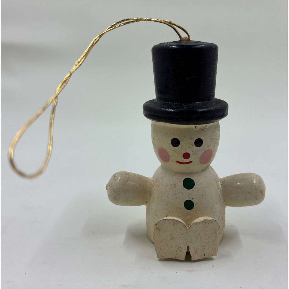 Vintage Wooden Snowman‎ Ornament 2.50" Hand Painted